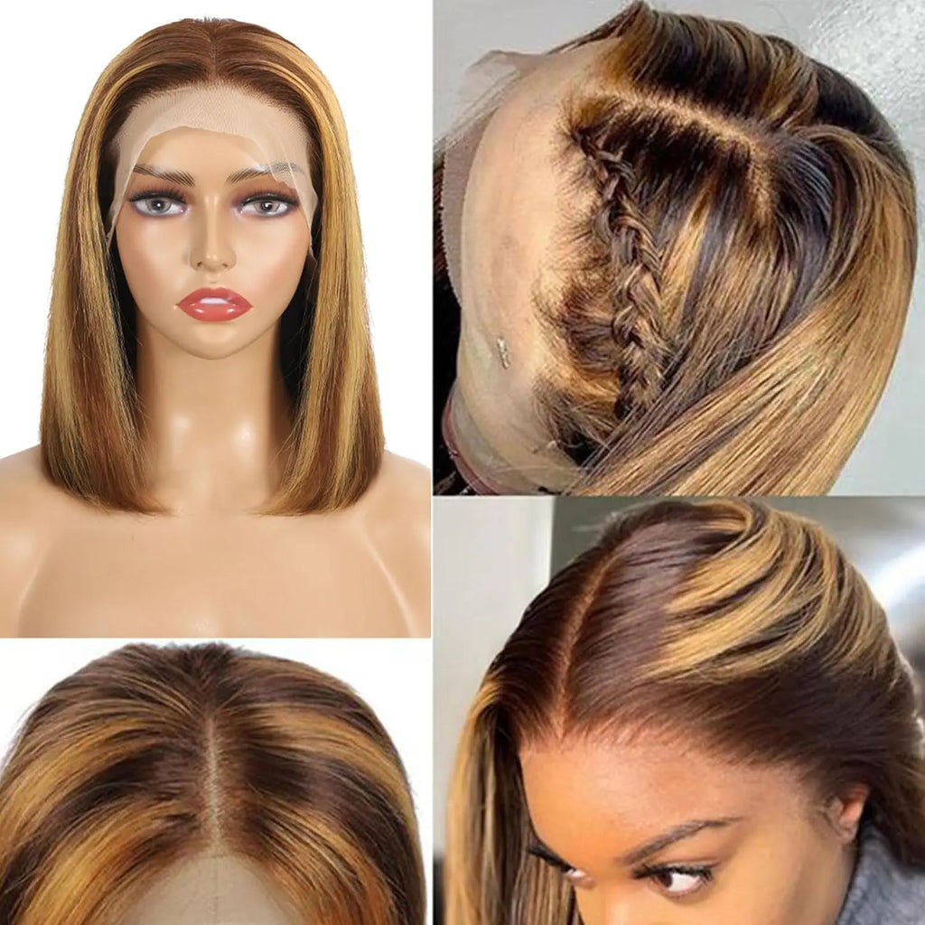Bob Wig Human Hair 13x4 HD Lace Frontal Short Straight Lace Front Bob Wigs For Women Human Hair Pre Plucked Side Part 150% Density Ombre Highlight 4/27