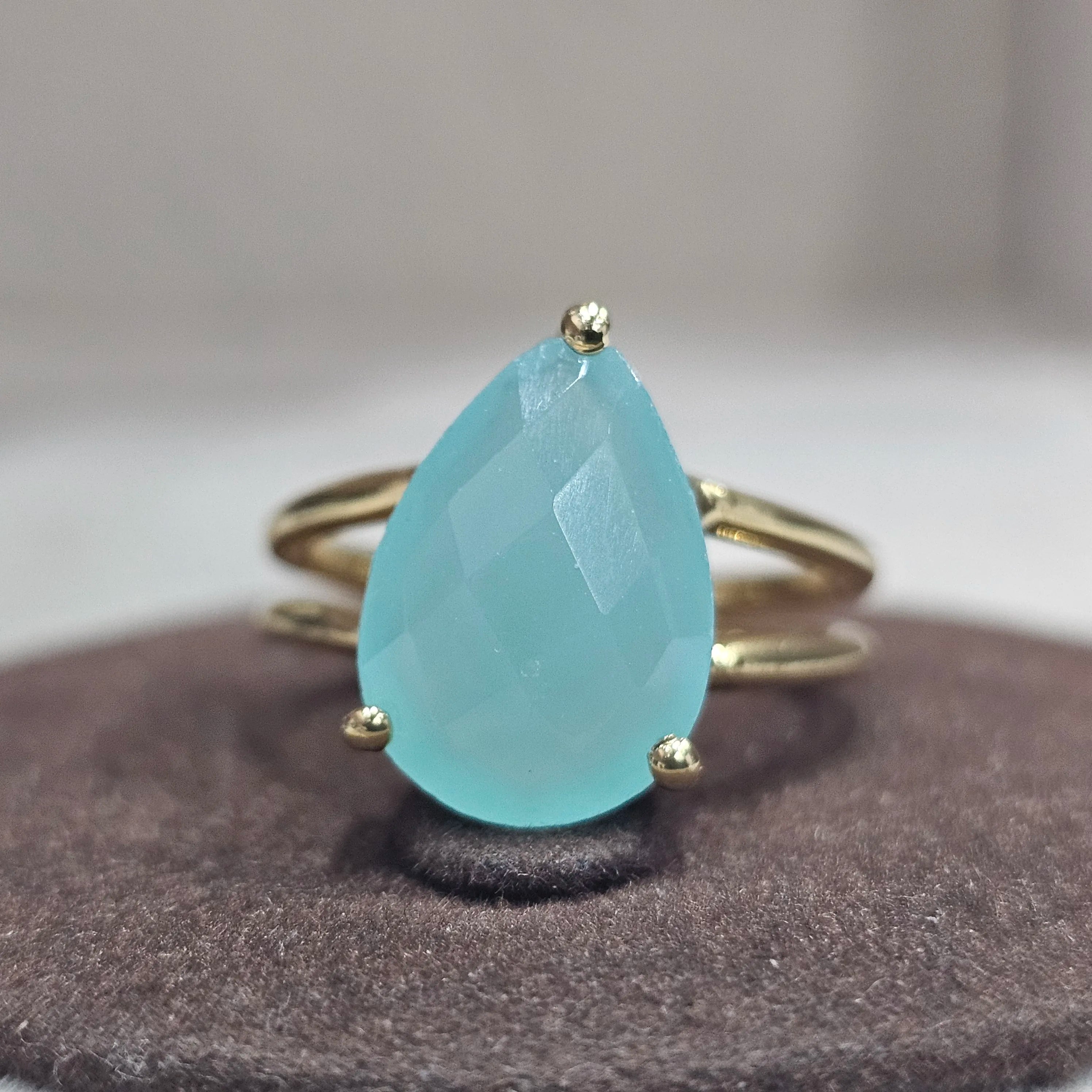 925 Sterling Silver Teardrop Cut Natural Aqua Chalcedony Eternity Vermeil Ring Gold Plated Unique Vintage Designer Fine Rings