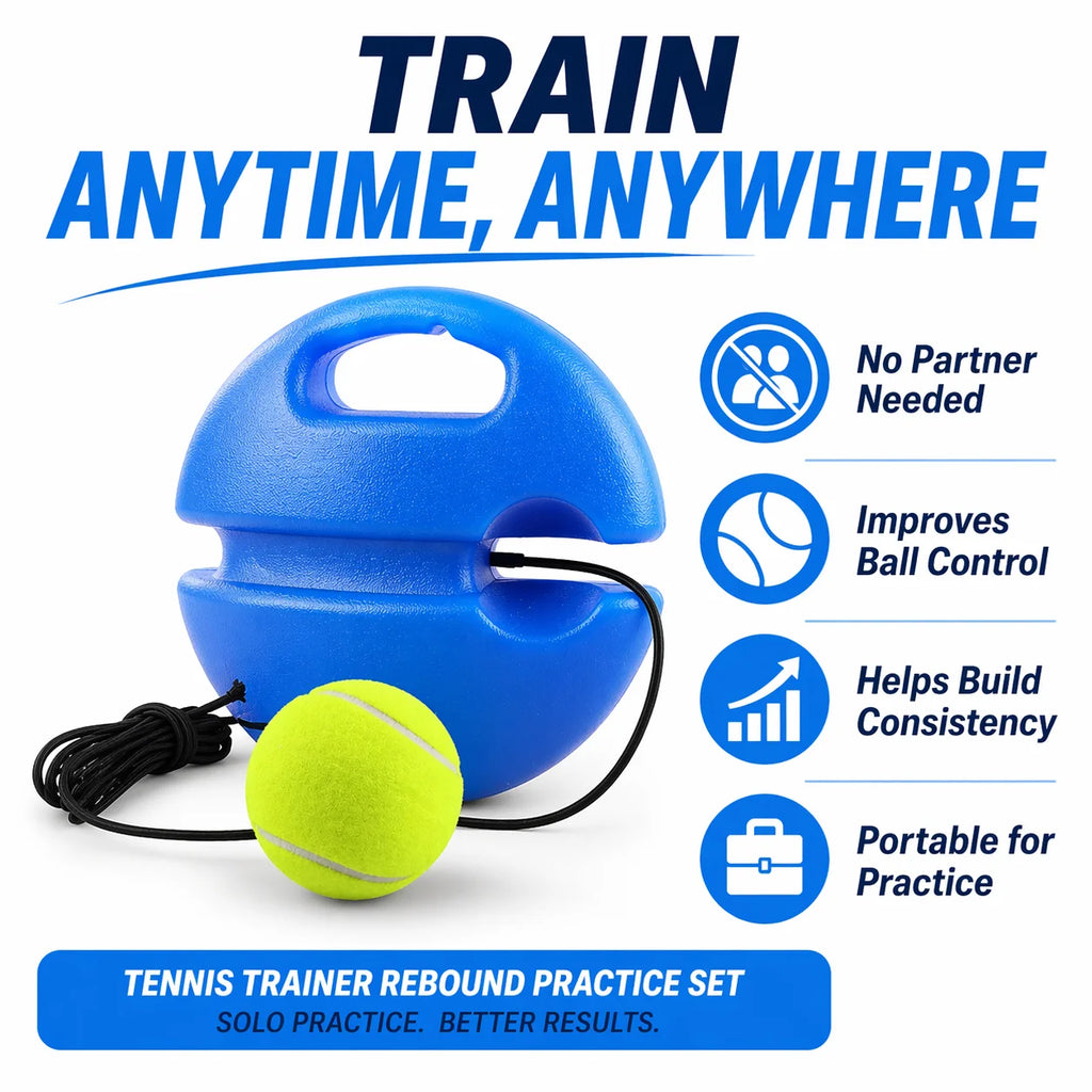 Portable Tennis Trainer Rebound Ball Set Solo Practice Tool with Elastic Cord Training Base for Tennis Practice Anywhere
