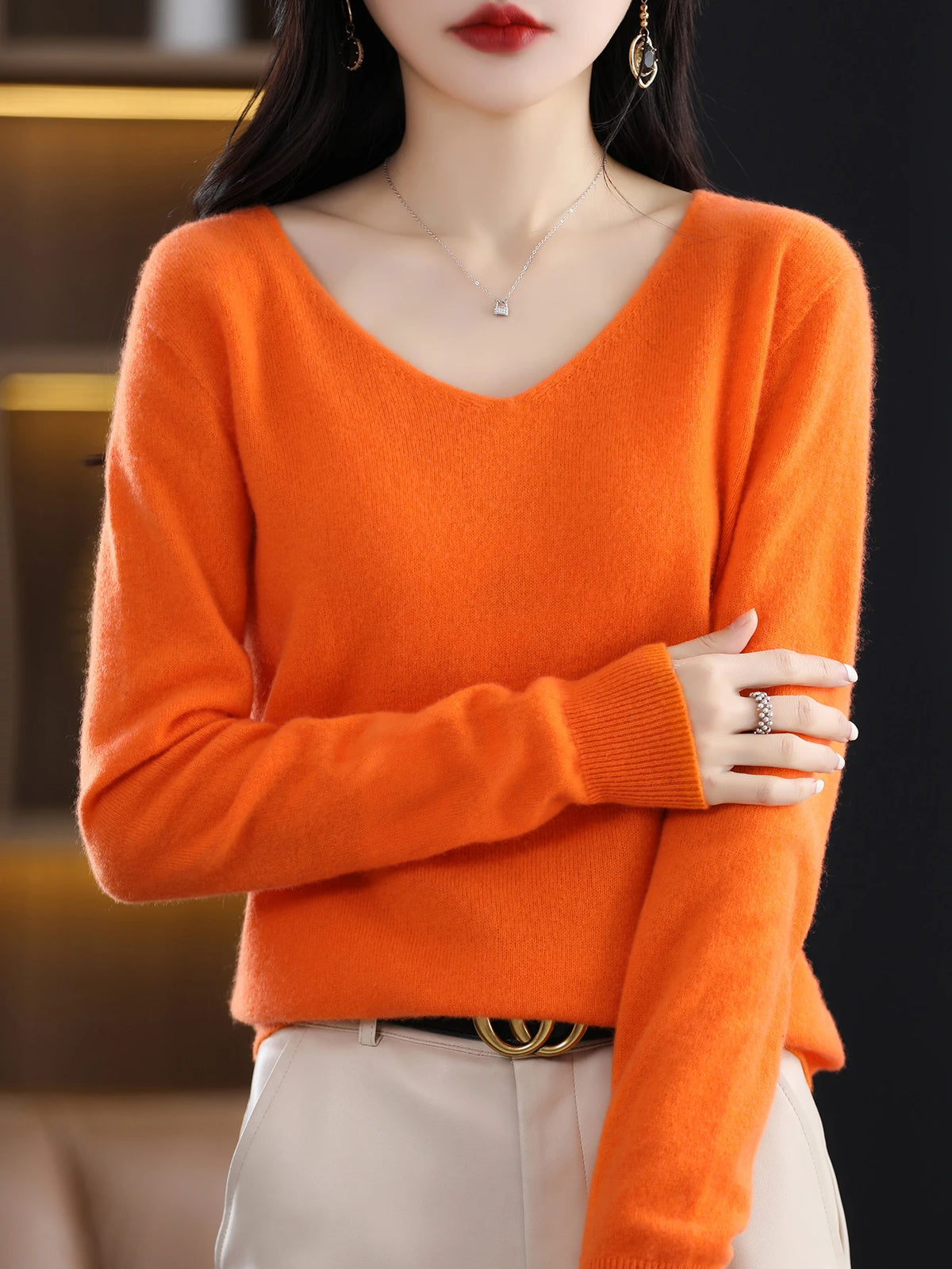 Sweater for Women 100% Merino Wool V Neck Sweater Fall Winter Basic Warm Pullovers Long Sleeve Soft Knit Jumpers Female Clothing