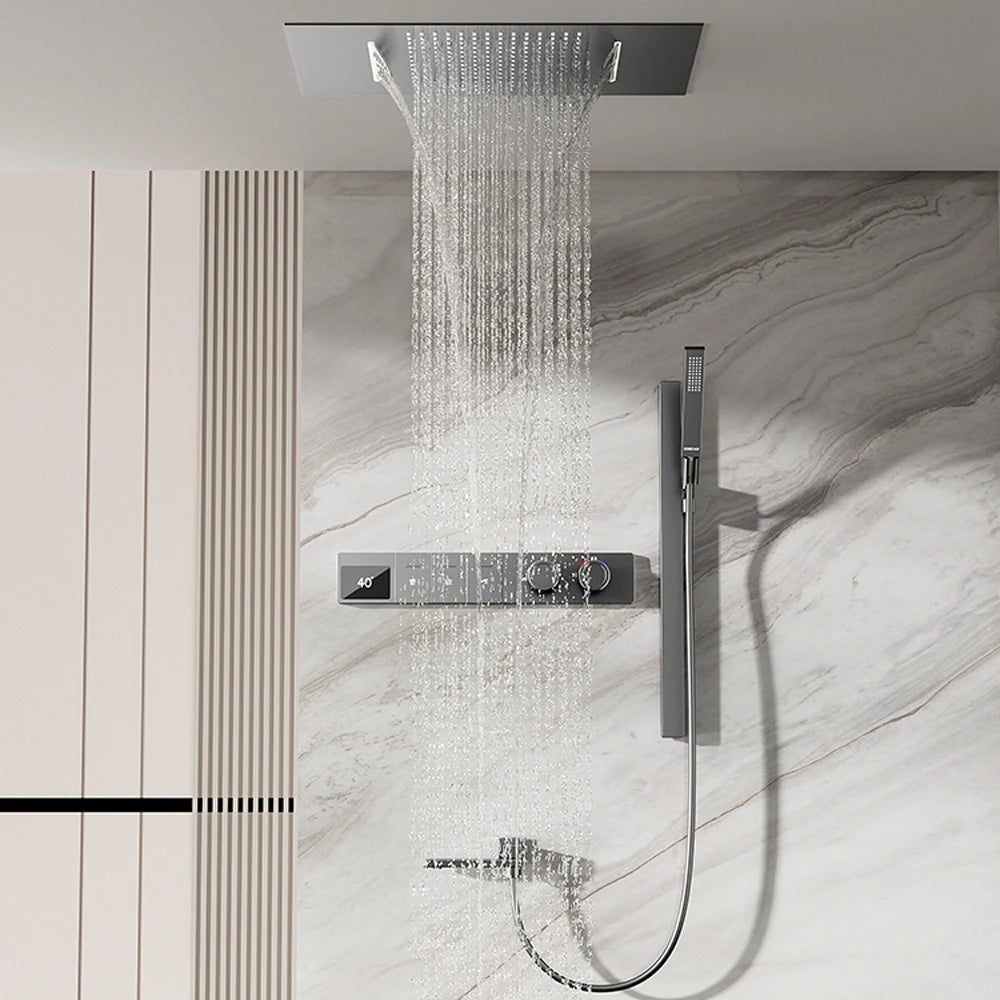 630×330mm Ceiling Thermostatic Shower System Concealed Brass Rainfall Waterfall 4 Function Digital Display Anti-Scald Bathroom S