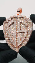 Custom Luxury Hip Hop Men's Moissanite Necklace with Rose Gold Shield Logo Pendant Baguette & Cut Diamonds