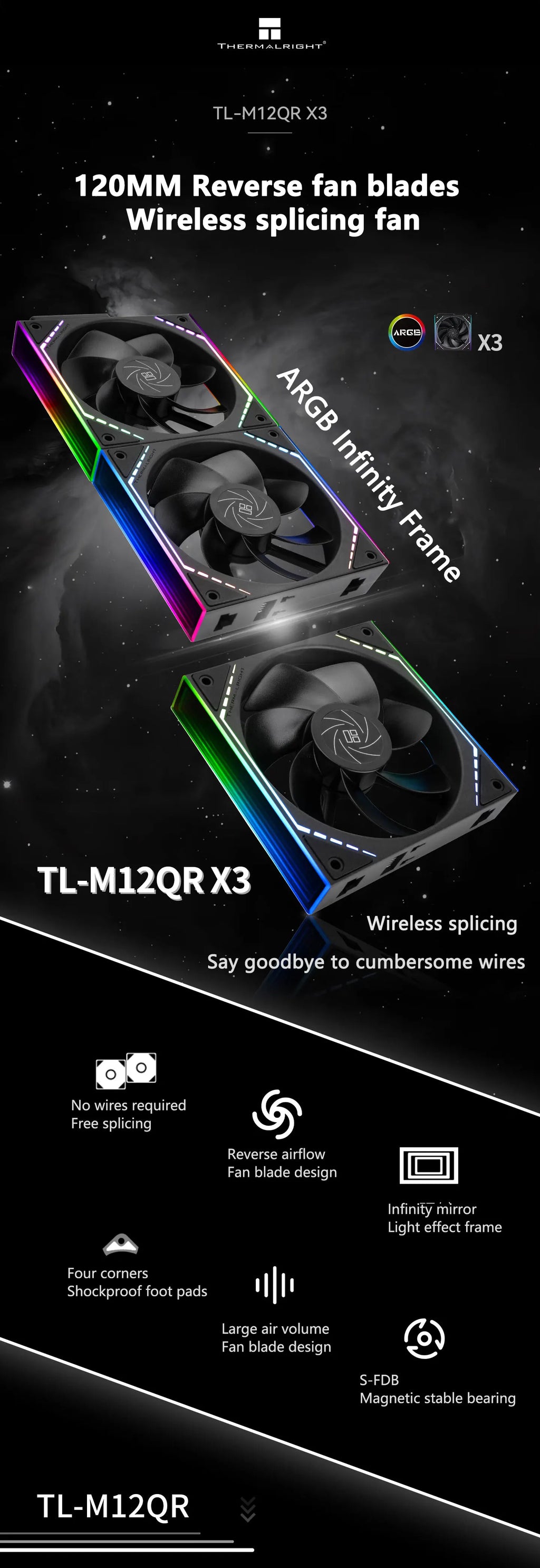 Thermalright TL-M12Q  Computer case cooling fan, wireless splicing/infinity frame/high performance fan