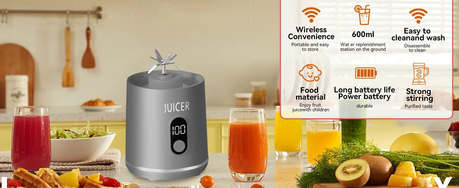 Portable Blender,2 IN 1 Electric Juicer Bottle for Fresh Juice,600ML BPA Free Traveling Juicer Cup and Lid with 12 Blades,Mini B