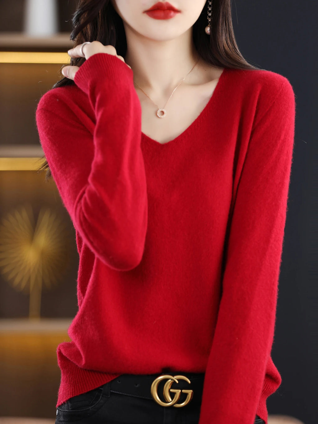 Sweater for Women 100% Merino Wool V Neck Sweater Fall Winter Basic Warm Pullovers Long Sleeve Soft Knit Jumpers Female Clothing