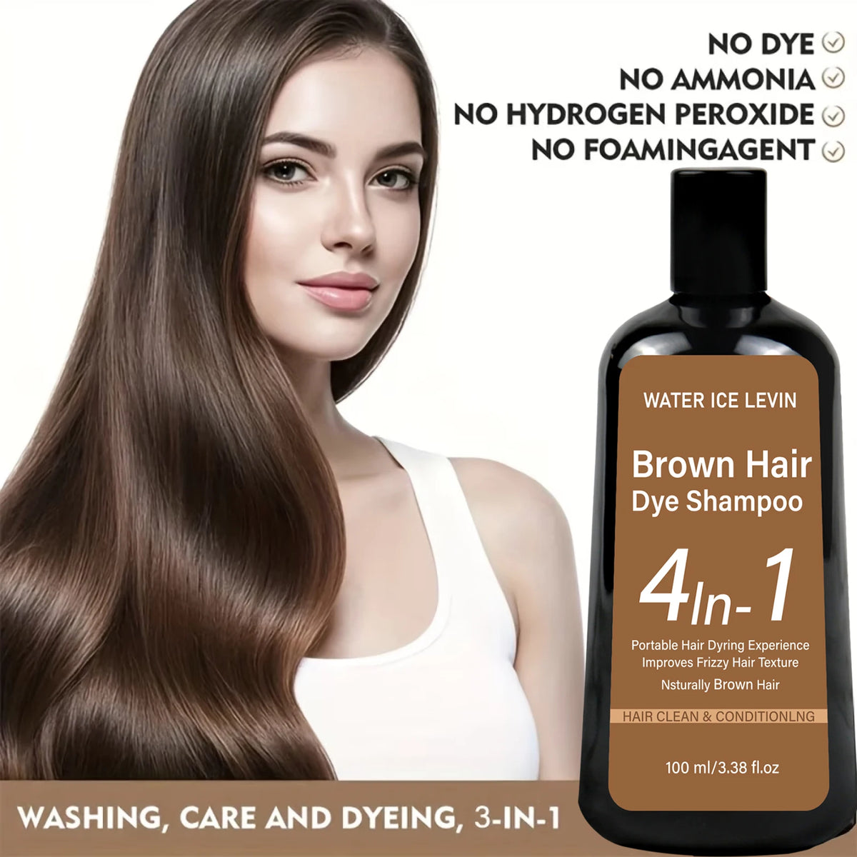 Water Ice Levin Natural Brown Hair Dye Shampoo 100ml Ginger Ginseng Oil Mild Coloring Smooth Frizzy Hair Care