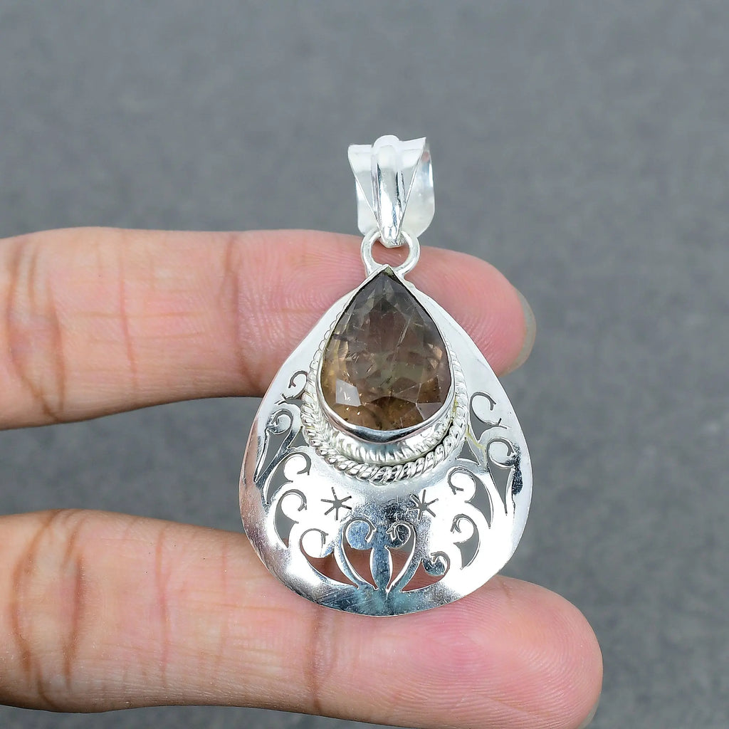 Natural Smoky Quartz Pear Shape Gemstone 925 Silver Plated Brass Pendant Trendy Fashionable Pendant For Women Men