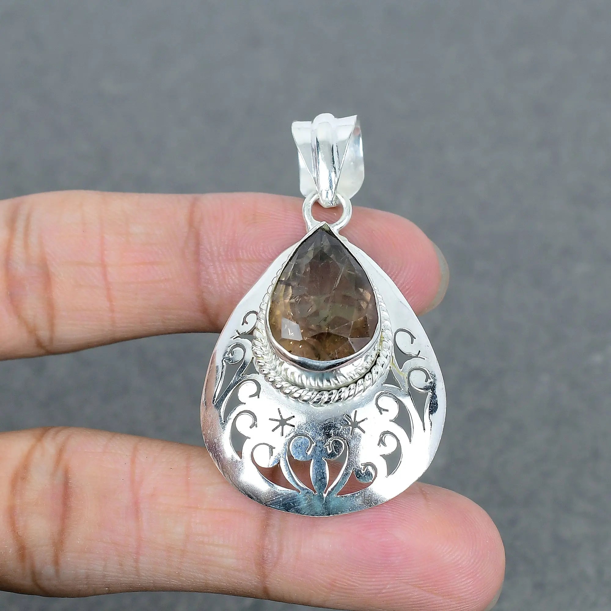 Natural Smoky Quartz Pear Shape Gemstone 925 Silver Plated Brass Pendant Trendy Fashionable Pendant For Women Men