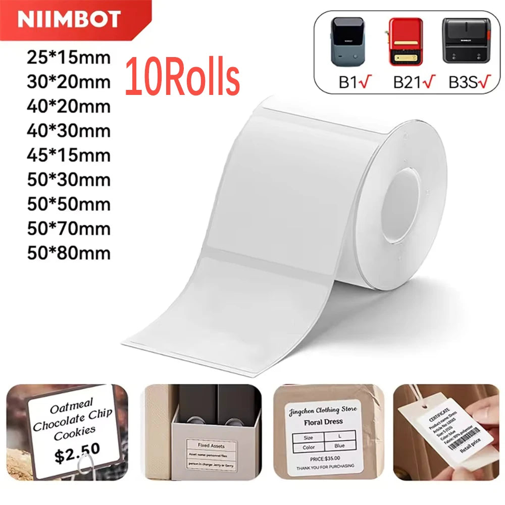 10 Rolls Niimbot B1 B21 B3S B203 Thermal Label Tape 40x30mm 40x60mm 50x30mm 60x40mm Waterproof Retail Store Label Sticker