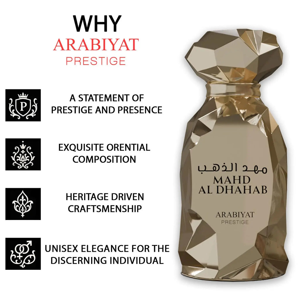 Arabiyat Prestige Mahd Al Dahab Eau de Parfum Spray for Unisex – Luxurious Woody, Fresh Spicy & Amber Scent, Long-Lasting Premium Arabian Fragrance, Perfect Gift, 100 ml / 3.4 fl oz