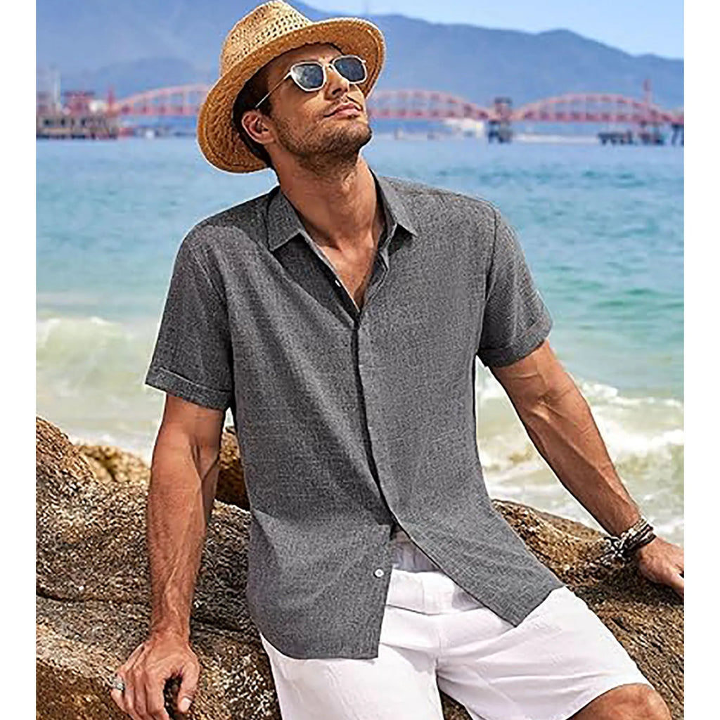 MenLinen Shirt Short Sleeve Button Down Casual Summer Beach Wedding Shirt Loose Fit Cotton Linen Solid Color Tops