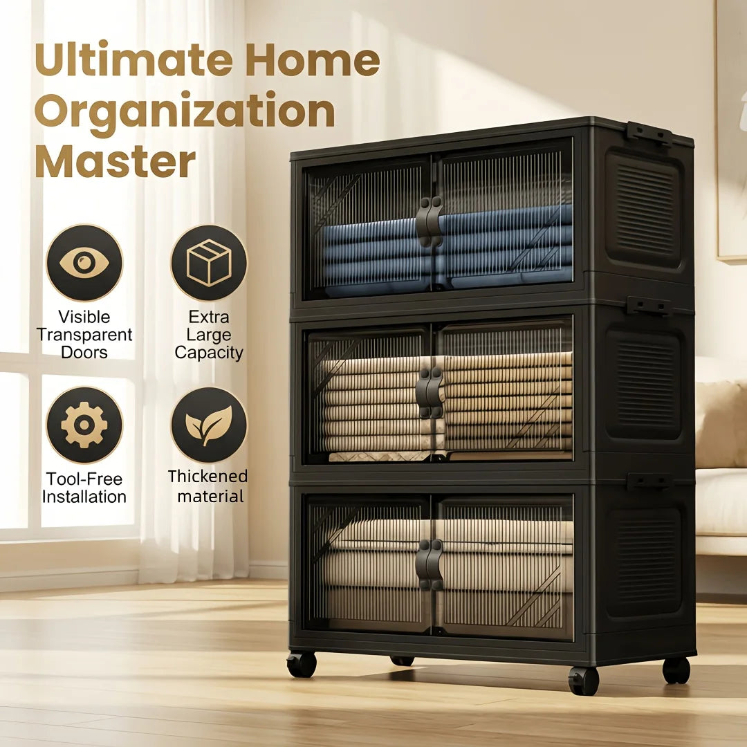 3/4/5/6-Tier Foldable Storage Cabinet with Clear Double Doors, Foldable and Stackable Plastic Storage Boxes with Wheels, Large-Capacity Rolling Organizer, Perfect for Pantry, Bedroom, Bathroom, or Coffee Bar, Black