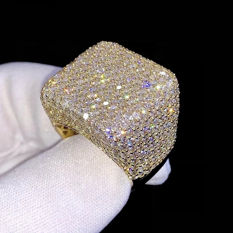 Hip Hop Jewelry Luxury 14K Gold Plated Solid 925 Sterling Silver Iced Out Paved VVS Moissanite Diamond Ring for Men Women Party