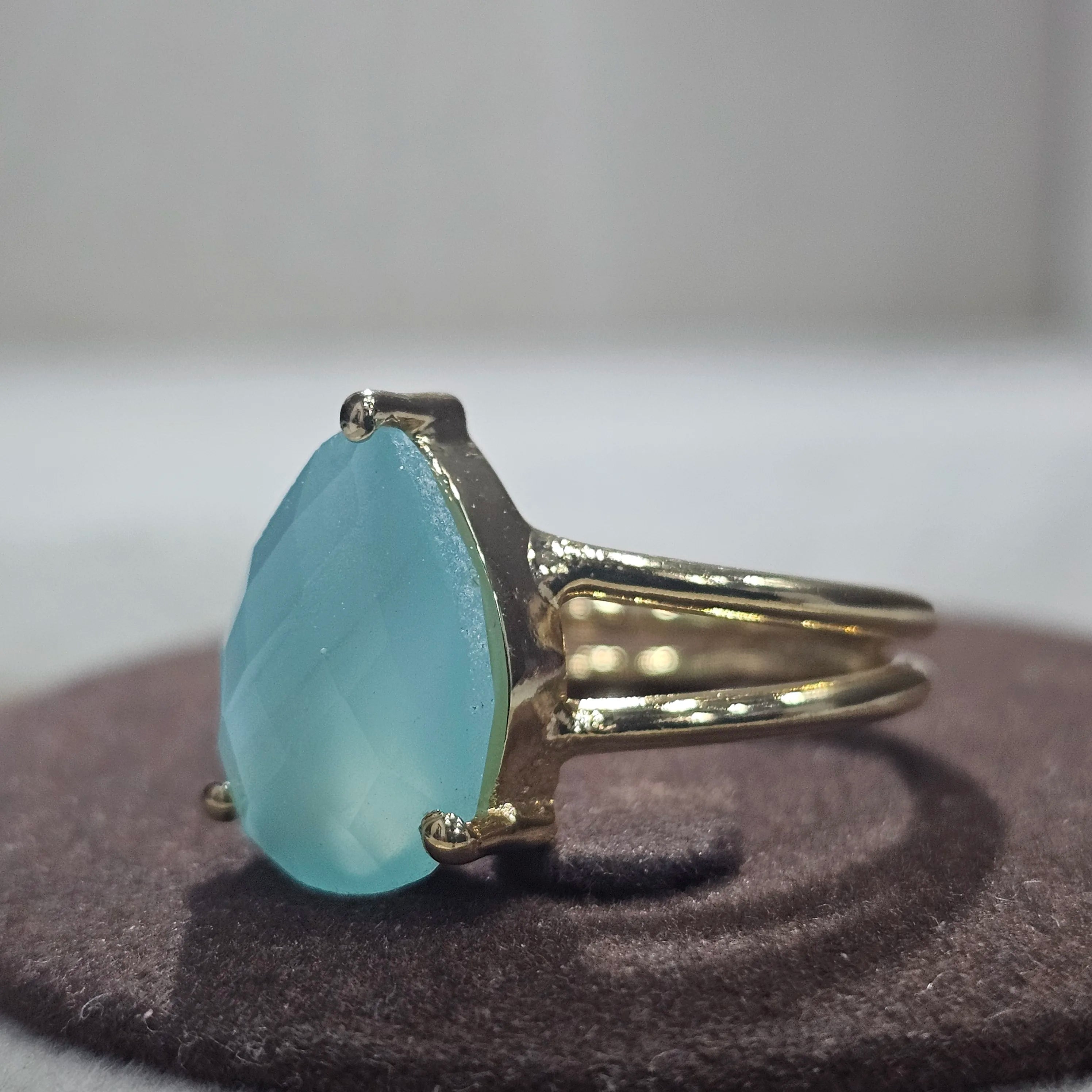 925 Sterling Silver Teardrop Cut Natural Aqua Chalcedony Eternity Vermeil Ring Gold Plated Unique Vintage Designer Fine Rings