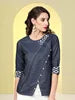 Blue Denim Regular Top Neckline Three Quarter Sleeves Customized Size Simple Formal 2-Piece Summer Set 100% Cotton Pattern