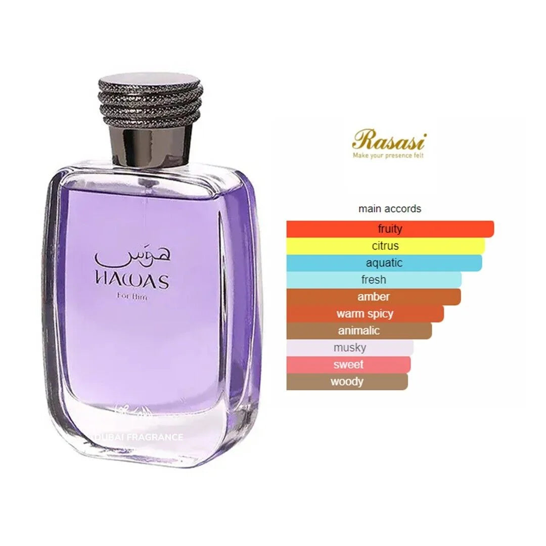 RASASI Hawas For Men Eau De Parfum Spray 100ML (3.4 Oz) - Long Lasting Arabian Perfume, Premium Perfume Men, Ideal for Special Occasions & Daily Elegance, A Bold and Captivating Fragrance