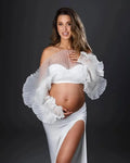 Chic Women Tops White Short Handemade Pleated Blouse Custom Made Layered Full Sleeves Blouse Maternity Photography