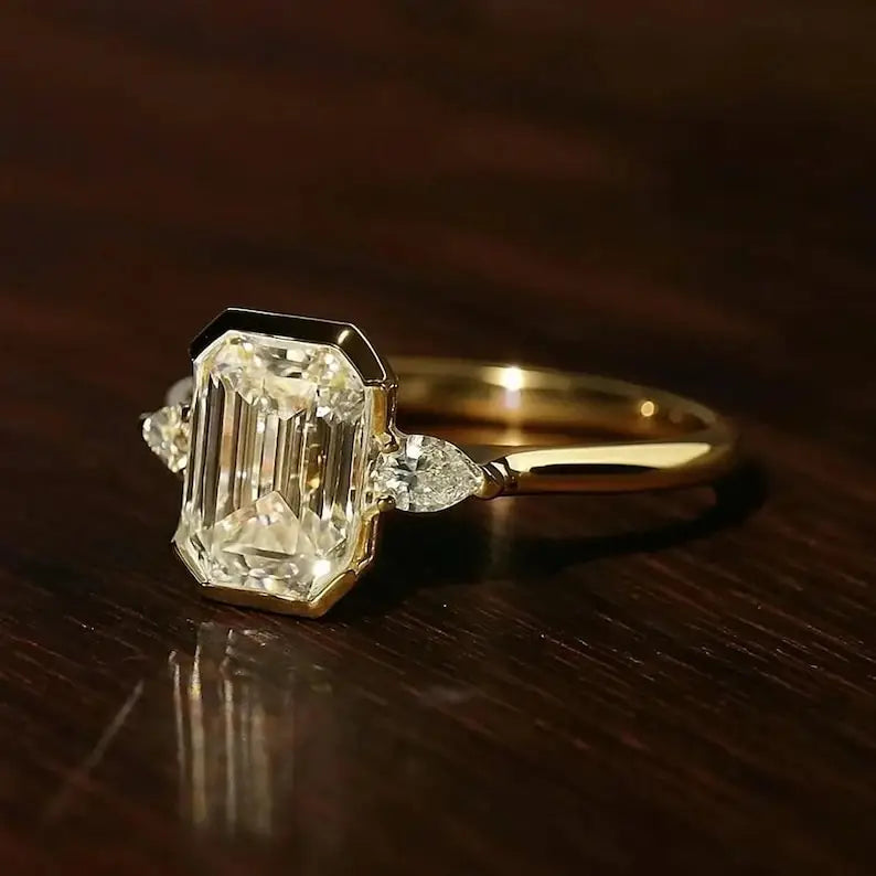 10K Yellow Gold Engagement Ring Original Moissanite 2ct Emerald Cut Fine Wedding Rings with Three Stone Prong Setting for Party