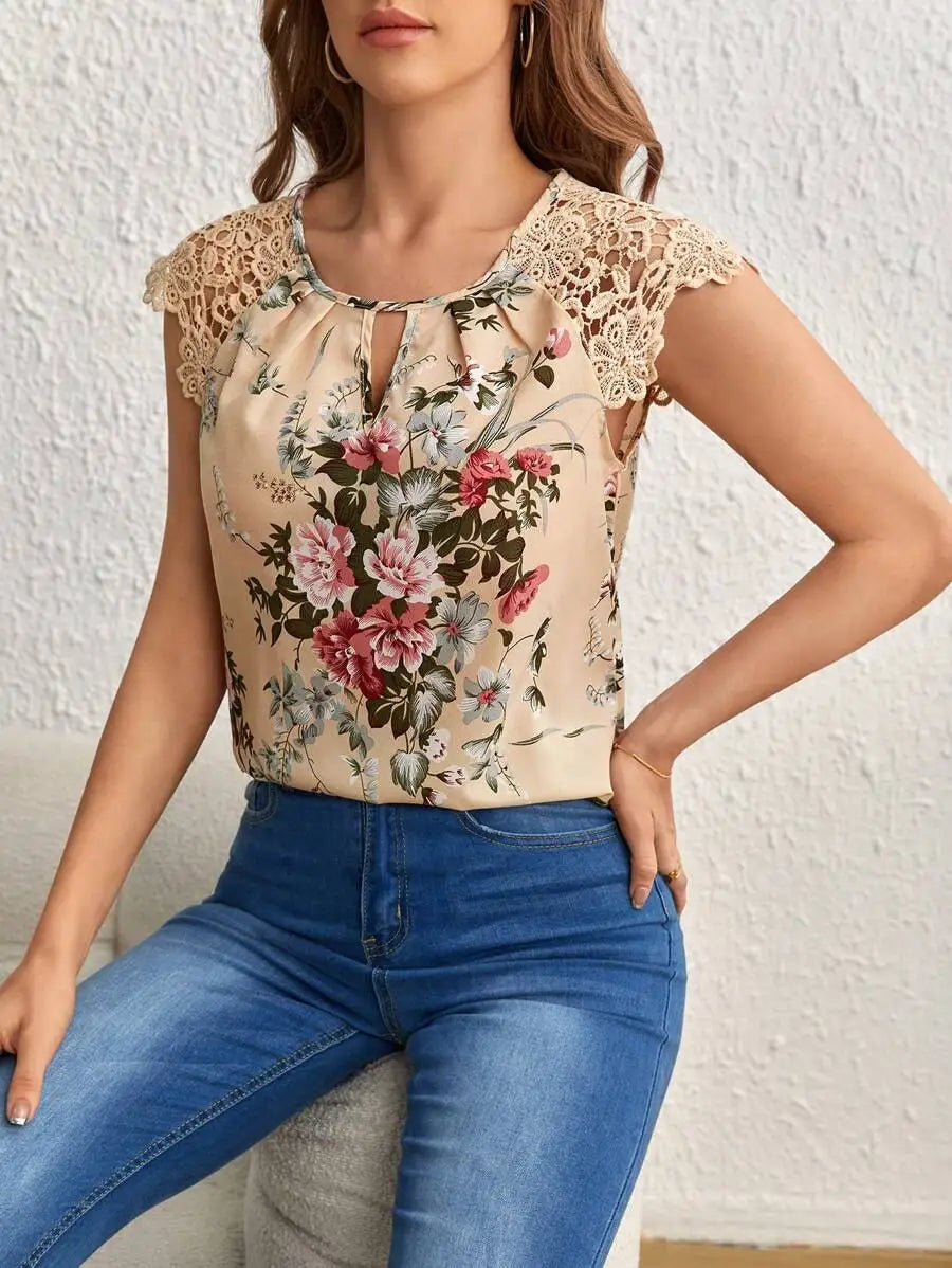 Women Beige Floral Print Blouse Round Neck Keyhole Shoulder Lace Sleeveless Top Spring Summer Sweet Elegant Daily Casual T-Shirt