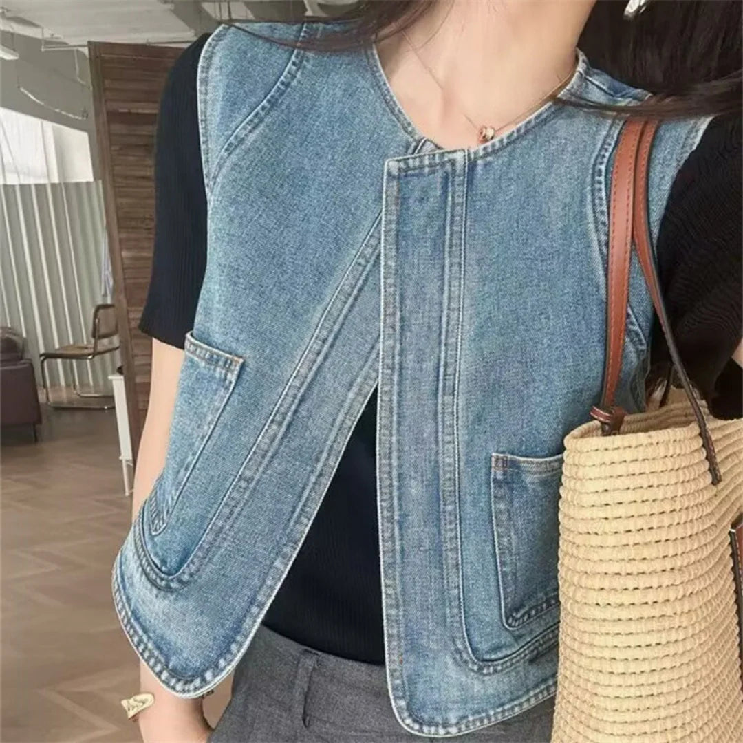 Denim Vest Ladies Clothes Clearance Sleeveless Round Neck Casual Crop Denim Waistcoat Streetwear Fashion Vests For Women 2026