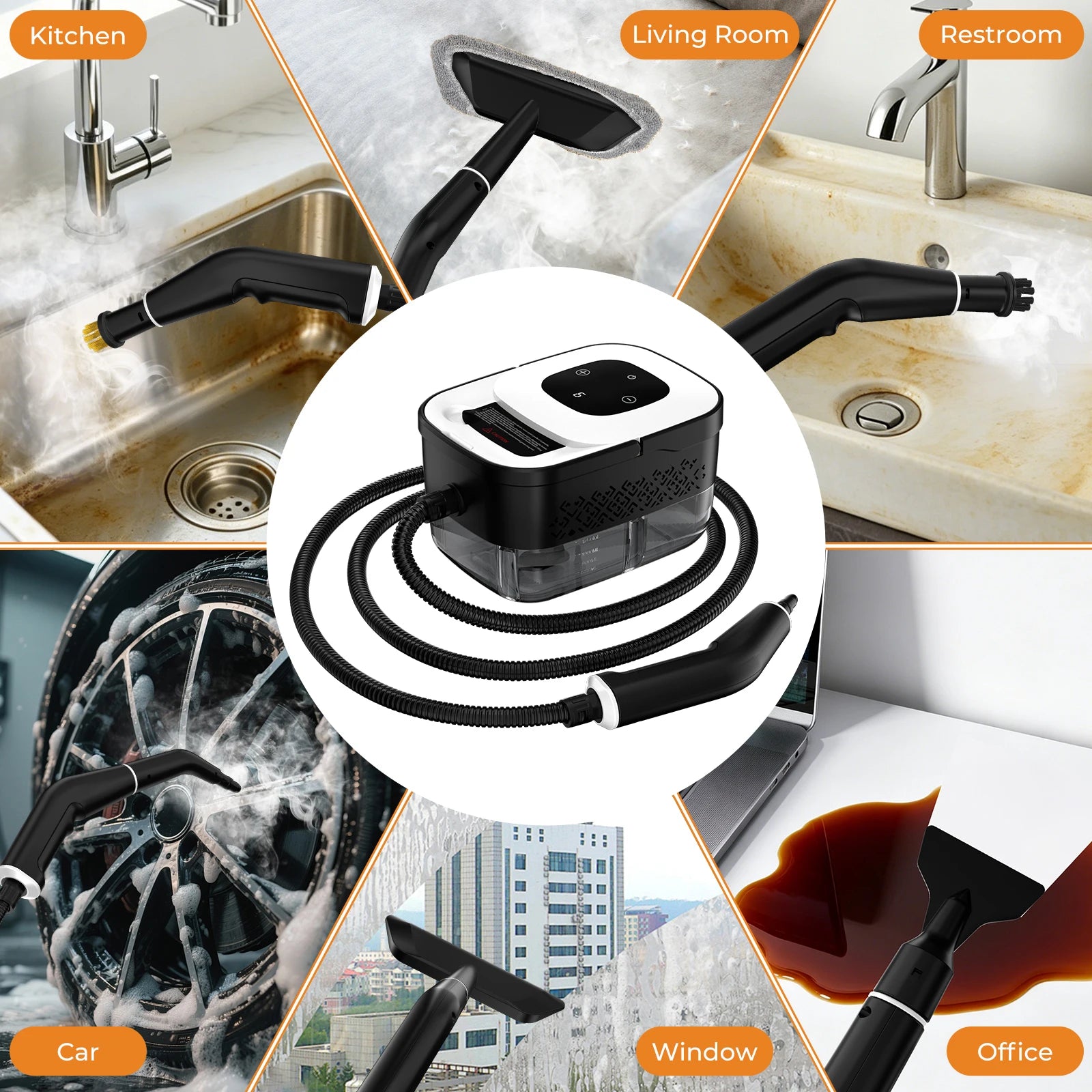 Tolife 2500W Portable High Pressure Steam Cleaner, 6 Adjustable Gears Touch Screen 1250ml Tank Chemical-Free Deep Cleaning Machine for Kitchen Bathroom Tile Grout Car Detailing