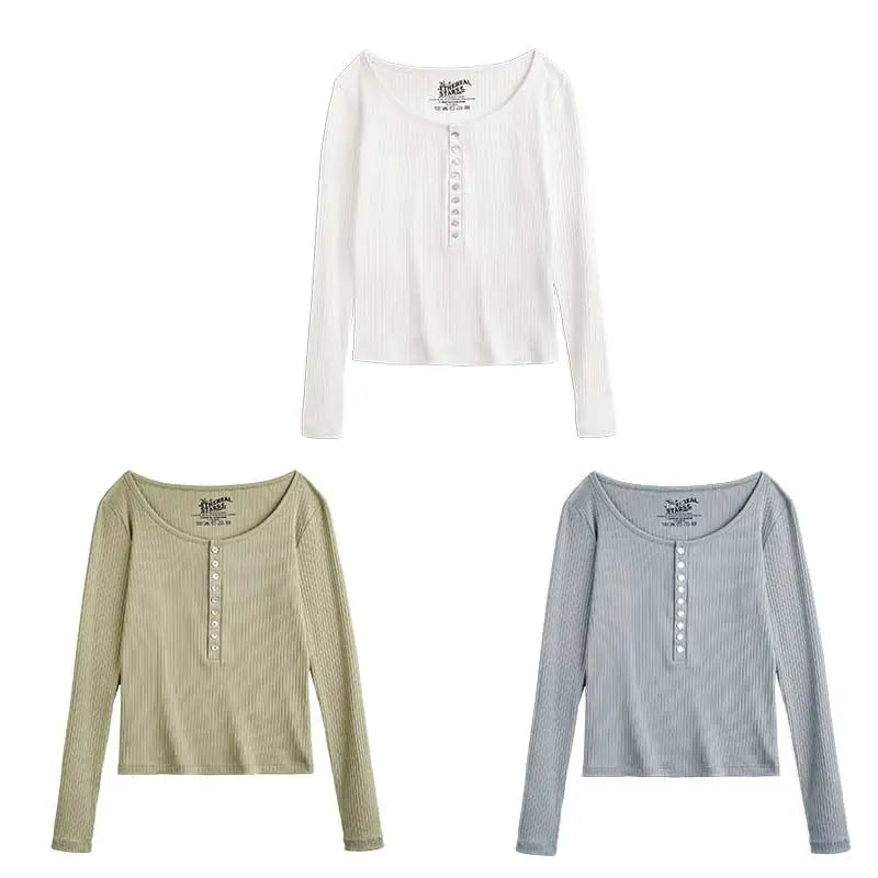 Maden Women’s Slim Fit Henley Shirt Ribbed Knit Long Sleeve T-shirt O-Neck Layering Top Solid Color Autumn Winter Inner Wear