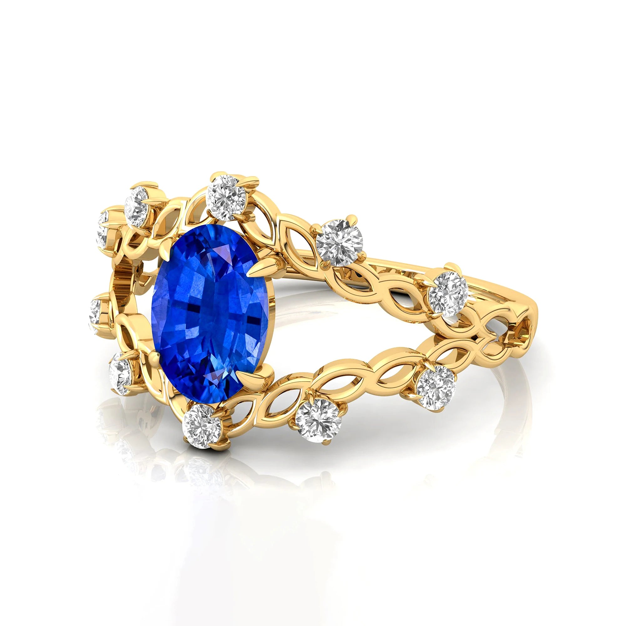 14kt Gold Lab Grown Blue Sapphire Gemstone & Real Diamonds Ring Prong Sett Split Shank Design Classic Wedding Statement Rings