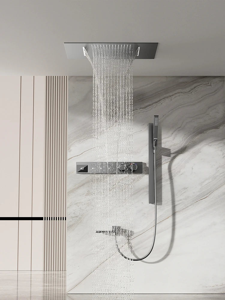 630×330mm Ceiling Thermostatic Shower System Concealed Brass Rainfall Waterfall 4 Function Digital Display Anti-Scald Bathroom S