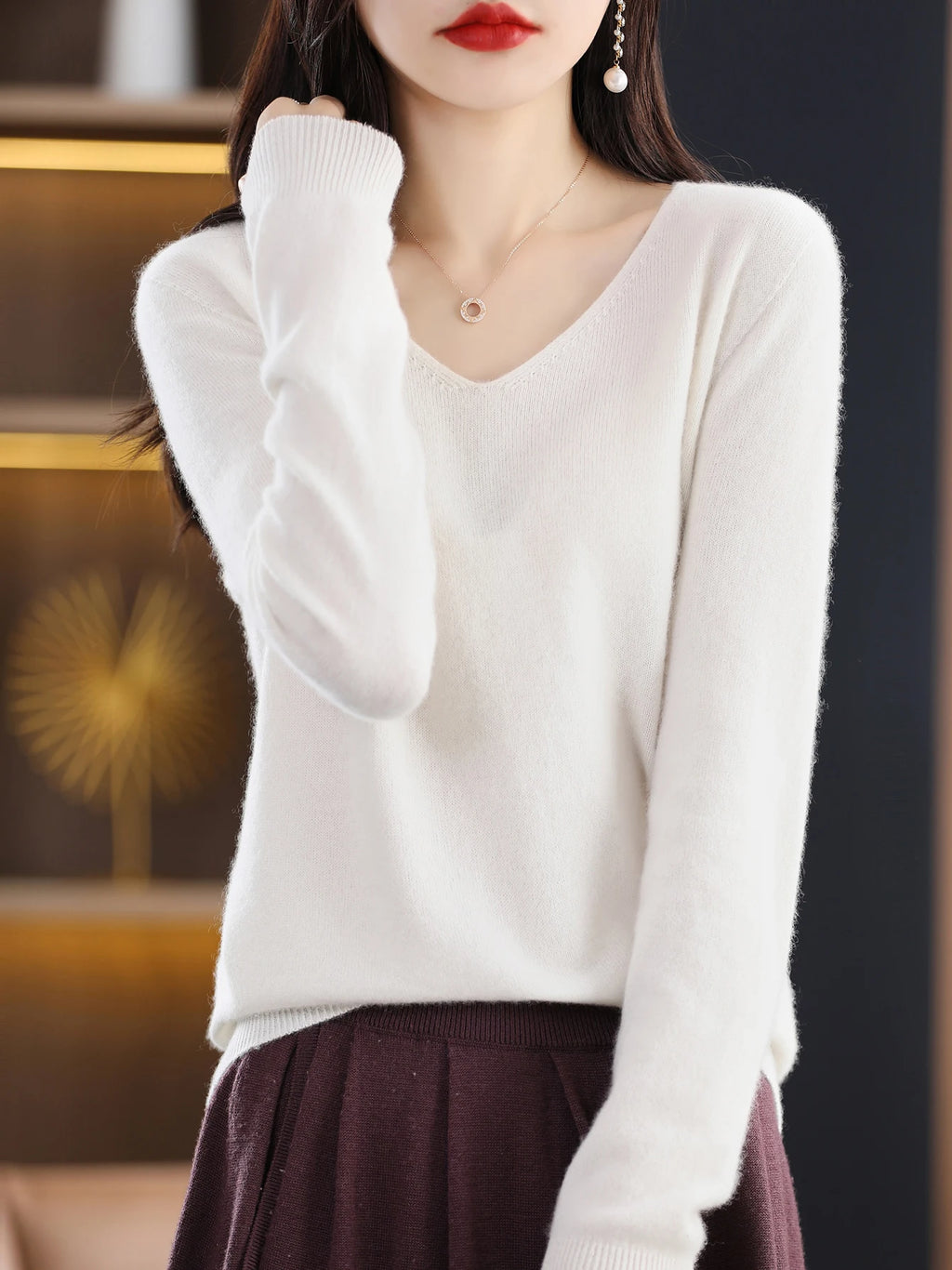 Sweater for Women 100% Merino Wool V Neck Sweater Fall Winter Basic Warm Pullovers Long Sleeve Soft Knit Jumpers Female Clothing
