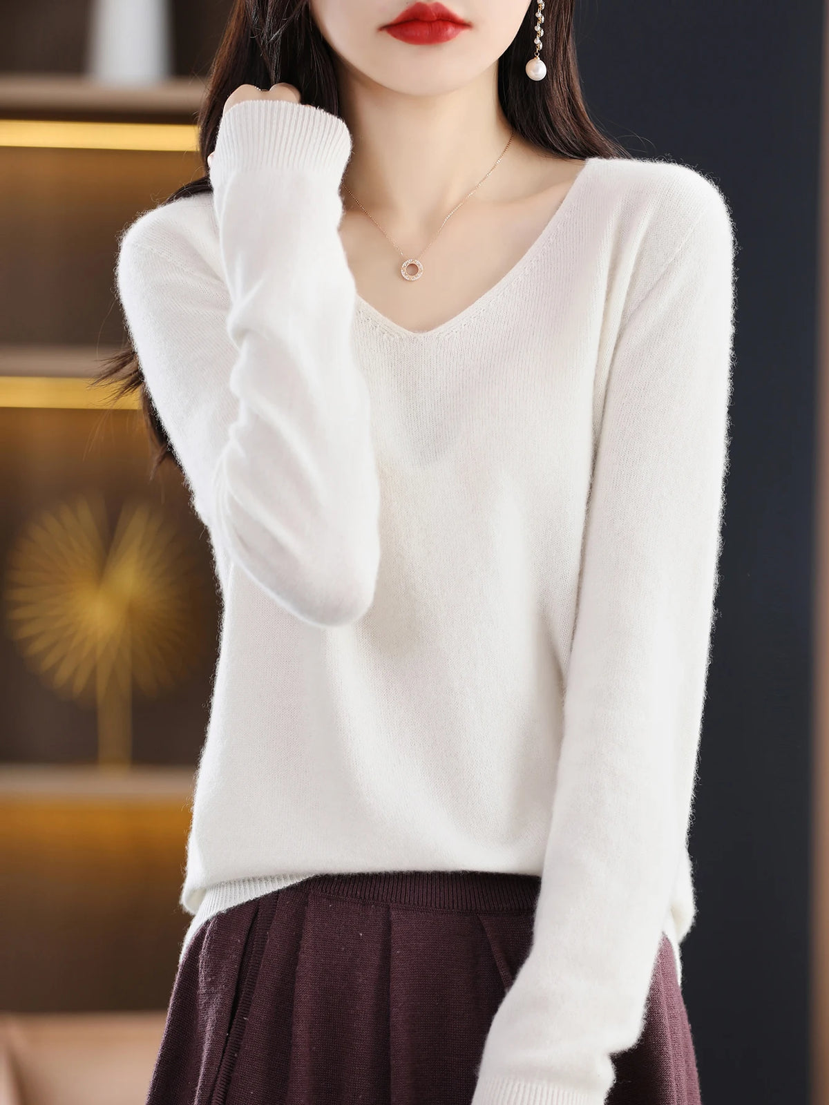 Sweater for Women 100% Merino Wool V Neck Sweater Fall Winter Basic Warm Pullovers Long Sleeve Soft Knit Jumpers Female Clothing