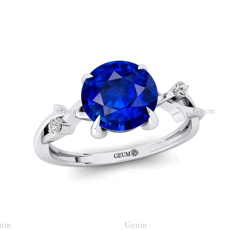 Lab Grown Round Cut Blue Sapphire & Diamond Twisted Band Ring Fine Jewelry 14K Solid Gold September Birthstone Solitaire Rings