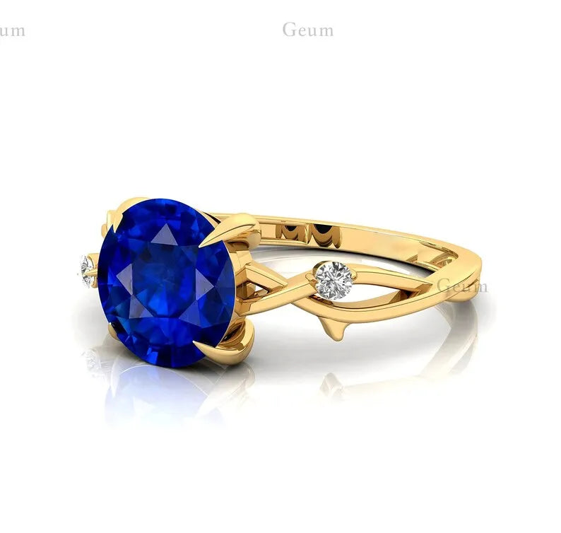 Lab Grown Round Cut Blue Sapphire & Diamond Twisted Band Ring Fine Jewelry 14K Solid Gold September Birthstone Solitaire Rings