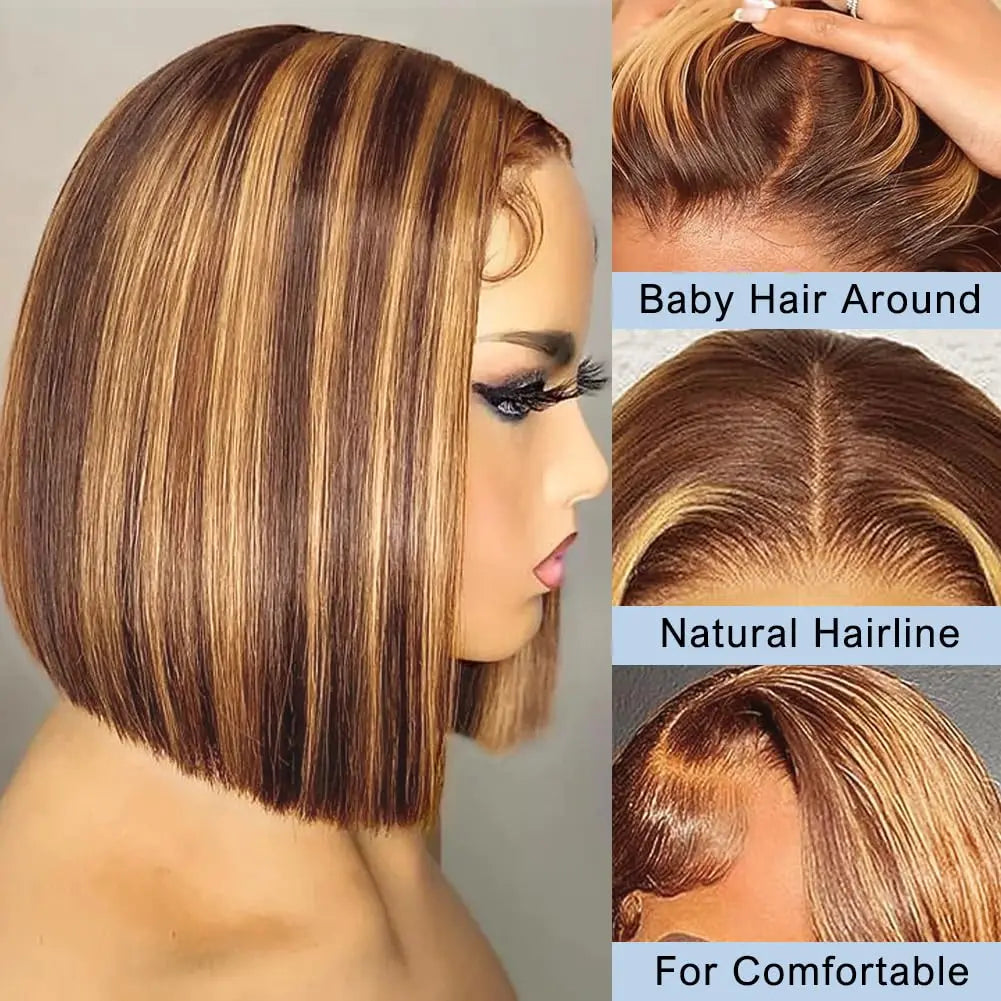 Bob Wig Human Hair 13x4 HD Lace Frontal Short Straight Lace Front Bob Wigs For Women Human Hair Pre Plucked Side Part 150% Density Ombre Highlight 4/27