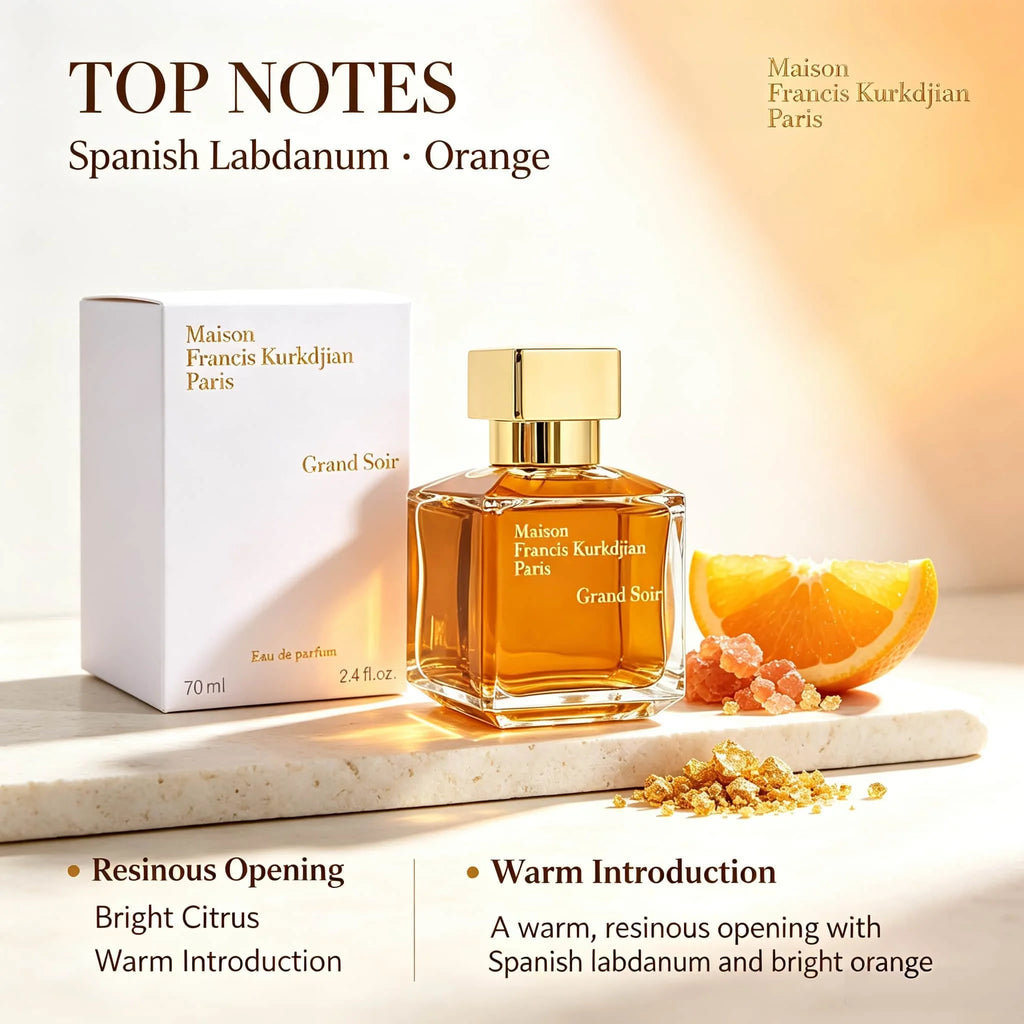 Maison Francis Kurkdjian Grand Soir Eau de Parfum 2.37a oz 70ml, amber vanilla notes last for 8-10 hours warm, deep, sweet and smooth | Top luxury choice for formal dinners/autumn/winter daily/business and social occasions
