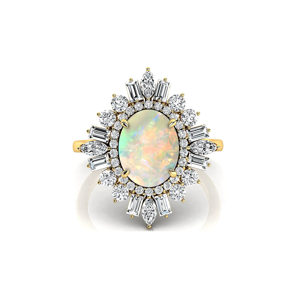 Gorgeous Ethiopian Opal Oval Cut Gemstone Real Diamonds Unique Design Halo Solitaire Rings Solid Gold Rhodium Plated Fine Party