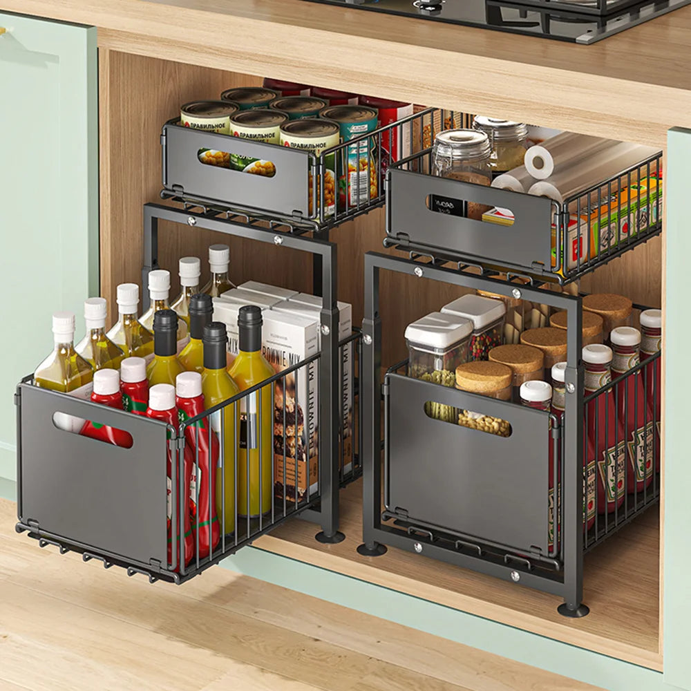 2 Tier Pull Out Cabinet Organizer Drawer Height Adjustable Kitchen Rack for Cabinet Under Sink Organizer Spice Jar Storage Shelf