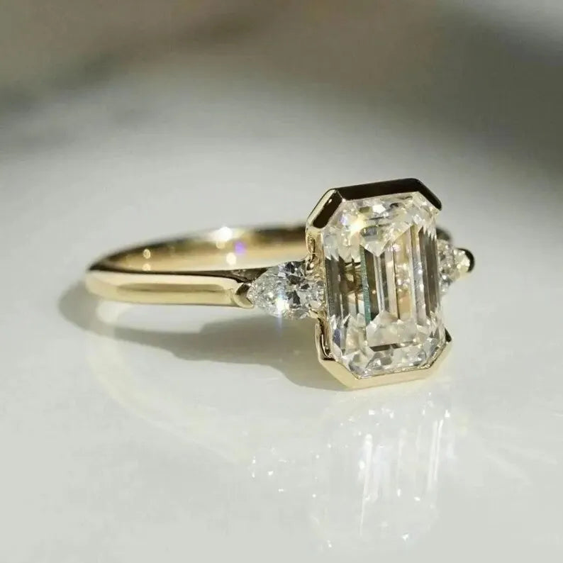 10K Yellow Gold Engagement Ring Original Moissanite 2ct Emerald Cut Fine Wedding Rings with Three Stone Prong Setting for Party