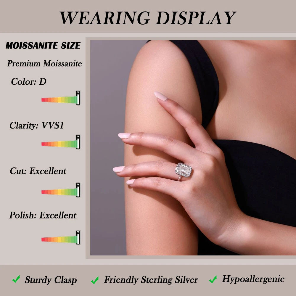 10CTW Moissanite Ring 925 Sterling Silver Emerald Cut Budget Friendly Statement Style Jewelry for Women