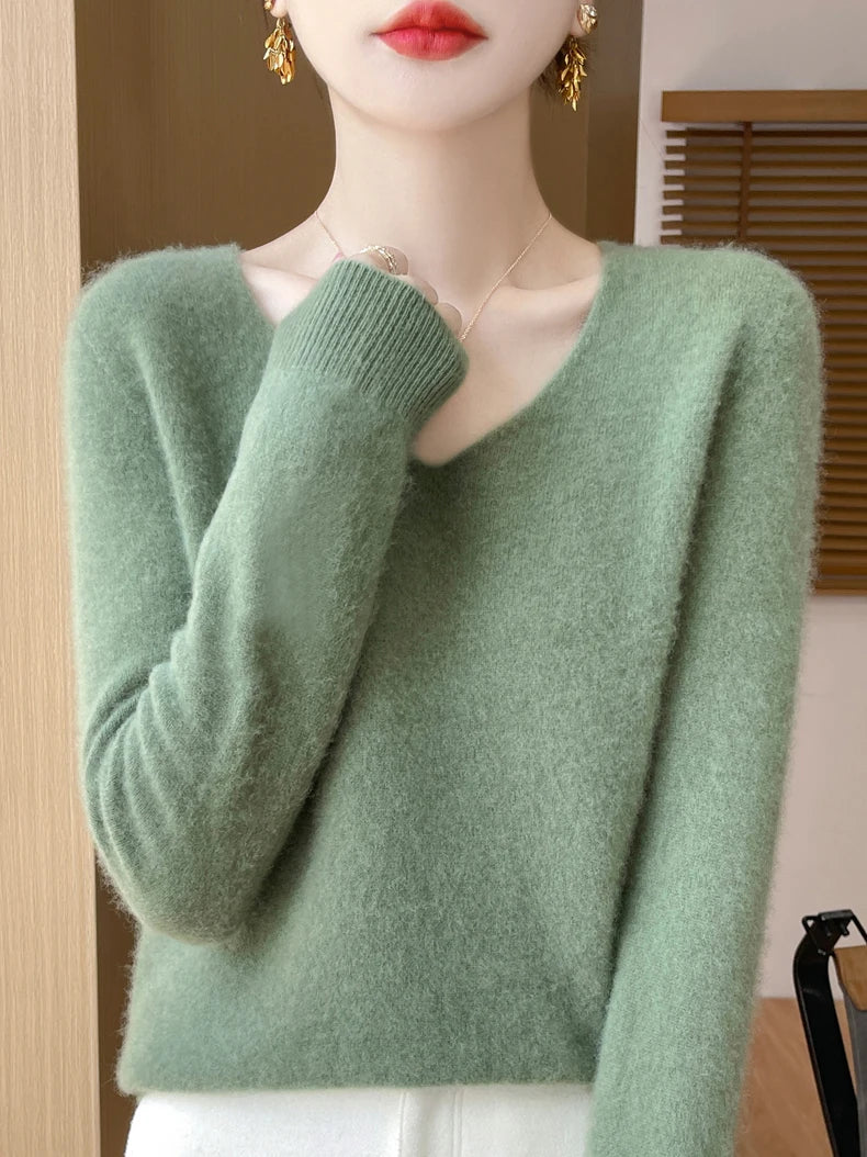 Sweater for Women 100% Merino Wool V Neck Sweater Fall Winter Basic Warm Pullovers Long Sleeve Soft Knit Jumpers Female Clothing