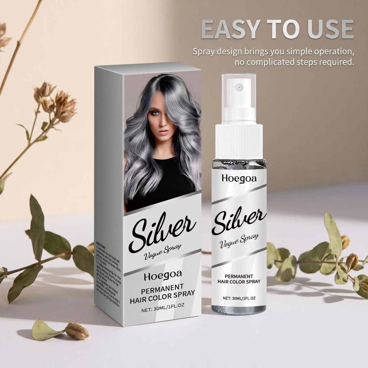 Hoegoa Permanent Silver Gray Hair Color Spray Vitamin E Coconut Oil Nourishing Roots Gray Coverage Even Tone No Wash Off Quick Dry Spray