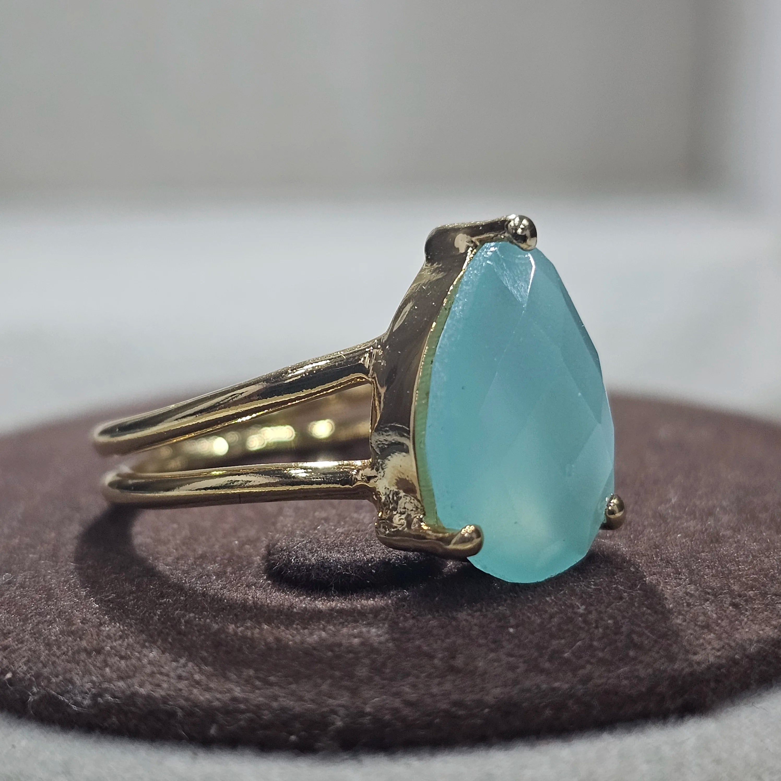 925 Sterling Silver Teardrop Cut Natural Aqua Chalcedony Eternity Vermeil Ring Gold Plated Unique Vintage Designer Fine Rings