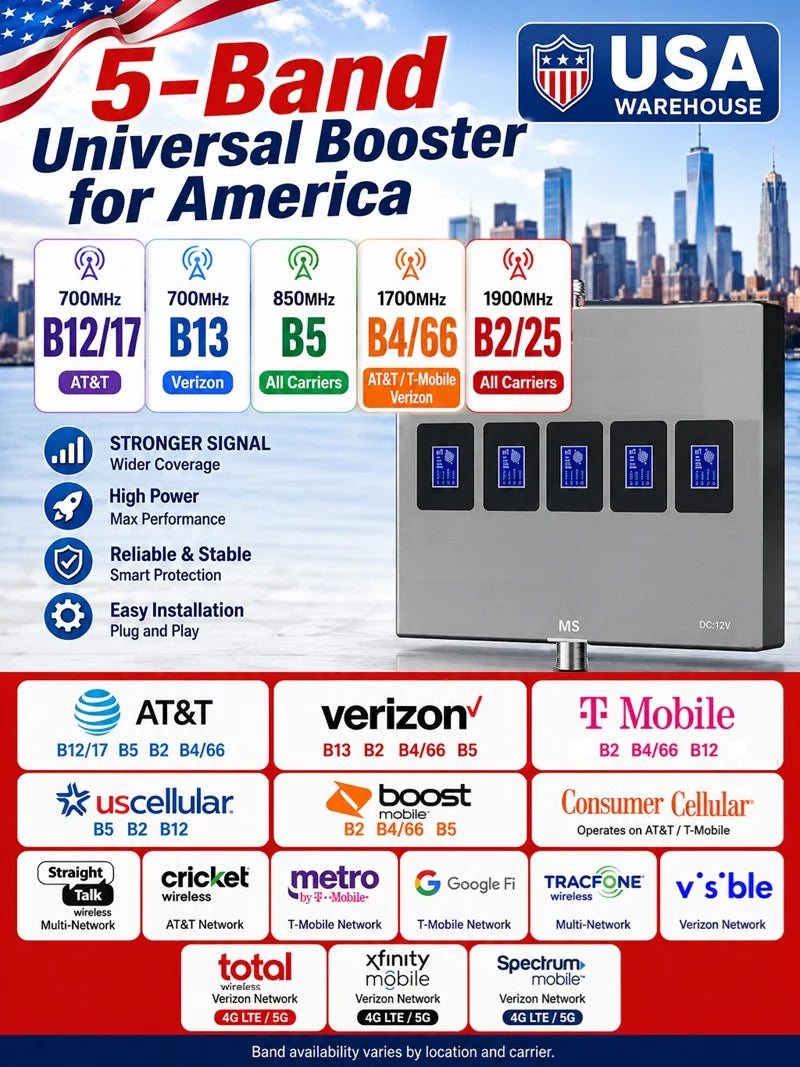5-Band Cell Phone Boosters B12 B13 B17 B5 B4 B2 B25 B66 Cellular Signal Amplifier Boost Repeater for Verizon AT&T T-Mobile