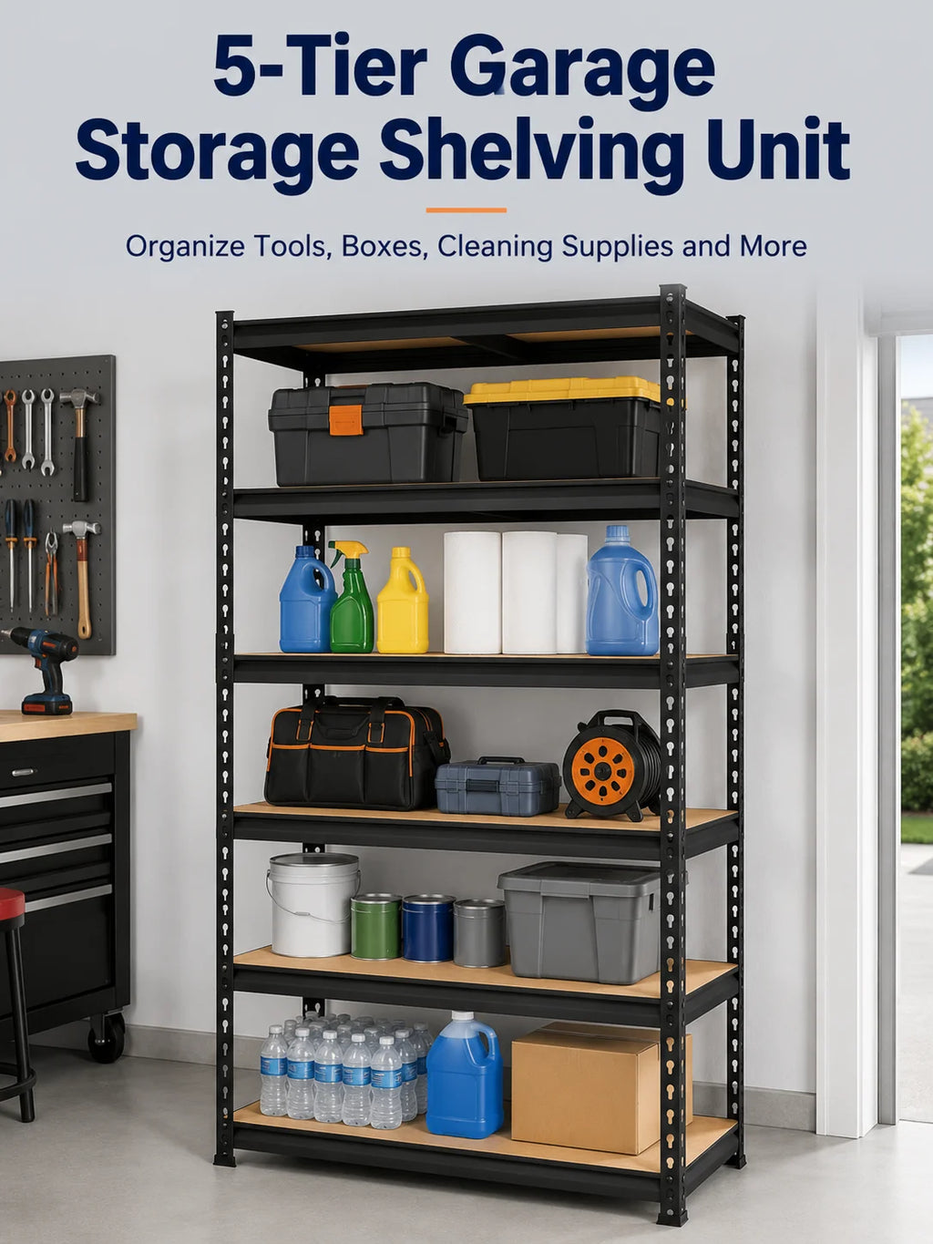 Heavy Duty Metal Storage Rack 5 Tier Adjustable Utility Shelving Unit with MDF Board Garage Organizer Tool Shelf for Basement Warehouse Kitchen Pantry Closet Multi-Purpose Storage Display Rack