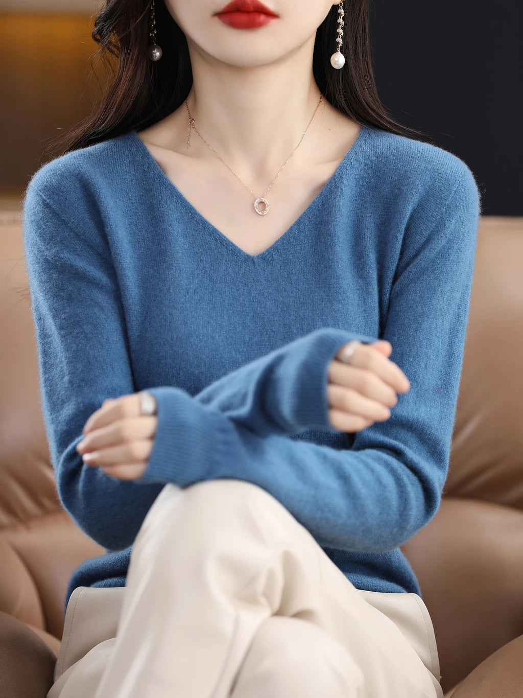 Sweater for Women 100% Merino Wool V Neck Sweater Fall Winter Basic Warm Pullovers Long Sleeve Soft Knit Jumpers Female Clothing