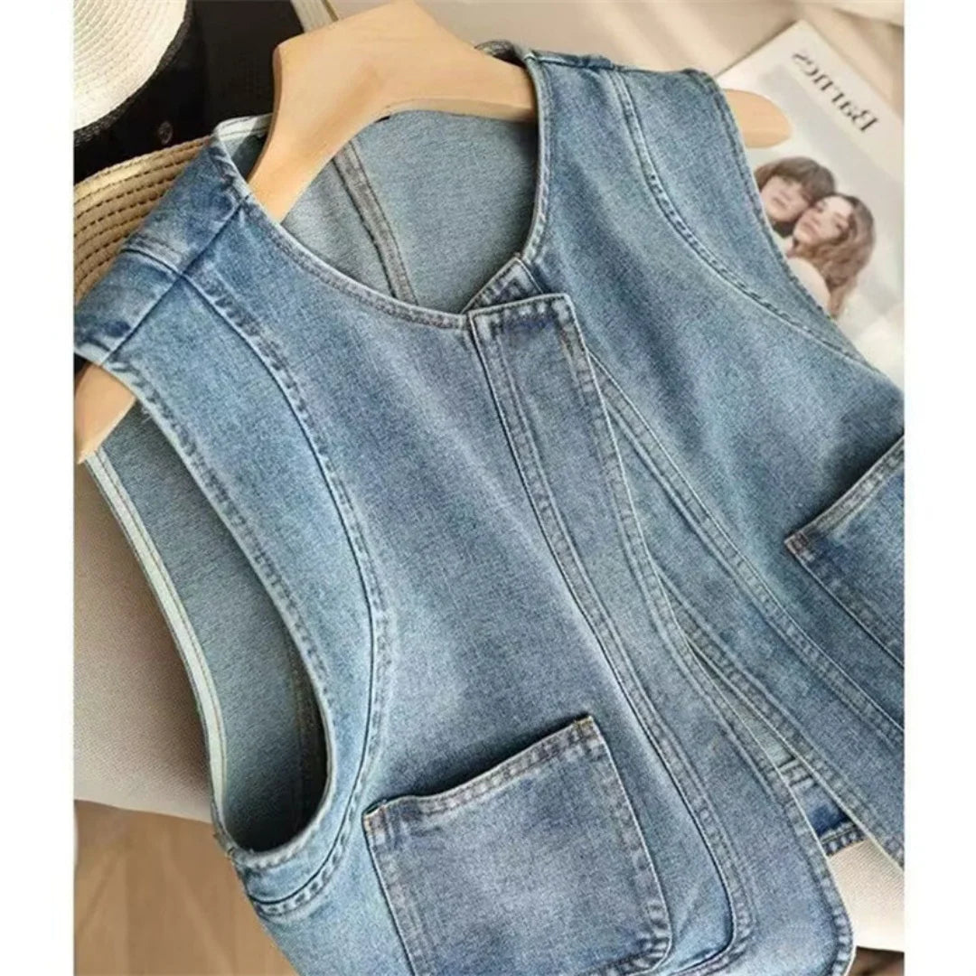 Vintage Denim Vest Women New Round Neck Loose Fit Slimming Waistcoat Fashion Sleeveless Top Casual Versatile Outerwear Jacket