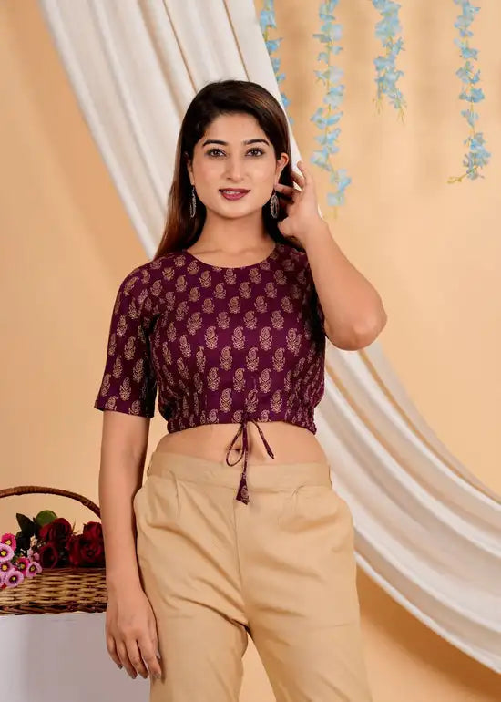 Wine Cotton Floral Printed Blouse 2 Piece Long Set Formal Summer Wear Neckline Regular Fit Soft Natural Feel Breathable