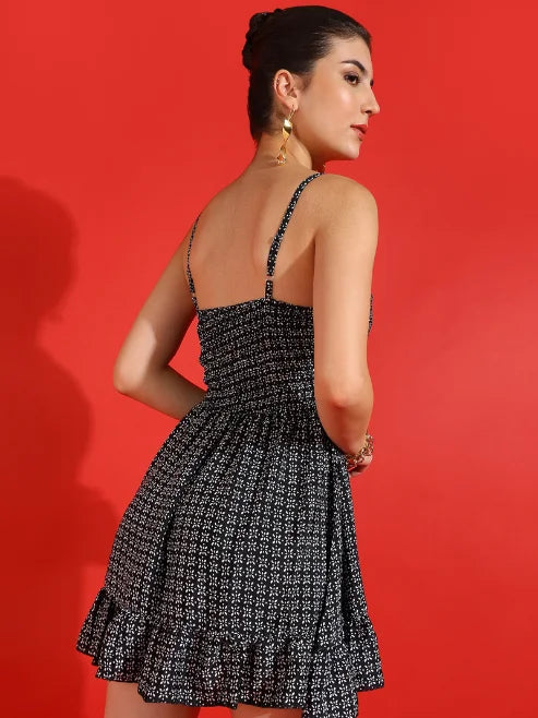 Black Floral Printed Polyester Formal Short Dress for Women One Set Sleeveless V-Neck Flared Fitted Eco-Friendly Summer Wear