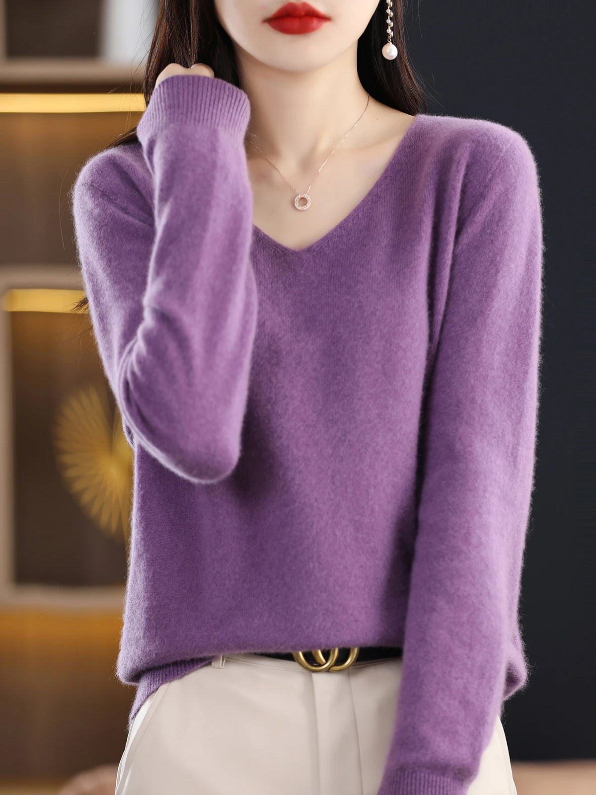 Sweater for Women 100% Merino Wool V Neck Sweater Fall Winter Basic Warm Pullovers Long Sleeve Soft Knit Jumpers Female Clothing