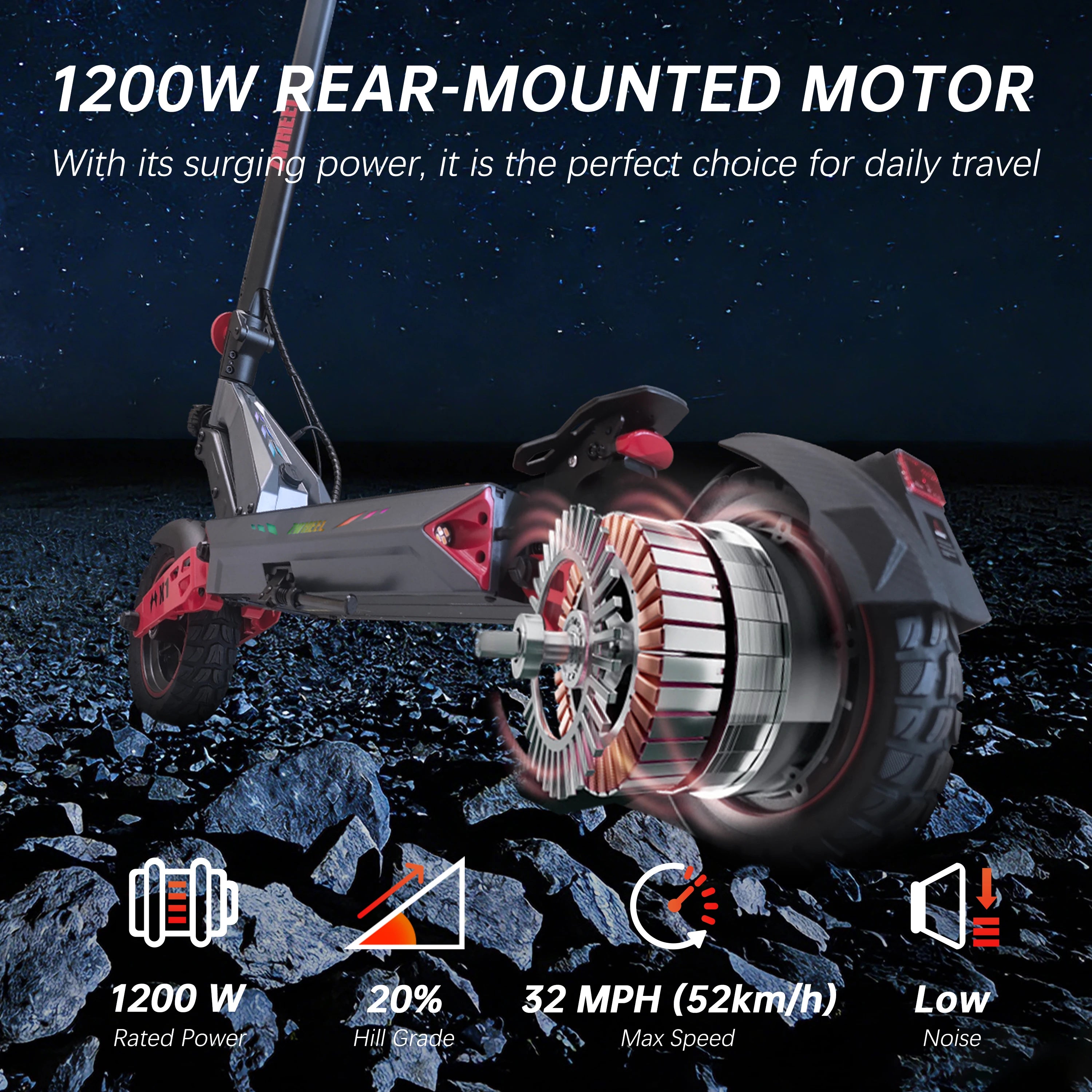 D3 Single Motor Electric Scooter 1200W Peak 32MPH Max Speed 720Wh Premium Lithium Battery 34 Miles Max Range Smart APP Unlocking Disc Brake System Front&Rear Dual Shock Absorbing Arm 10inch Tubeless Tires 4 Riding Modes Folda