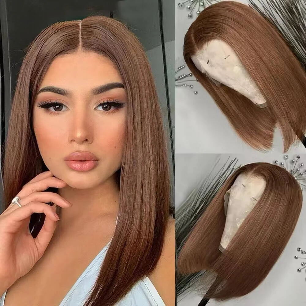 13x4 Human Hair Chocolate Brown Short Bob Lace Front Wig Bone Straight 200% Full Density Transparent Lace Frontal Bob Wigs